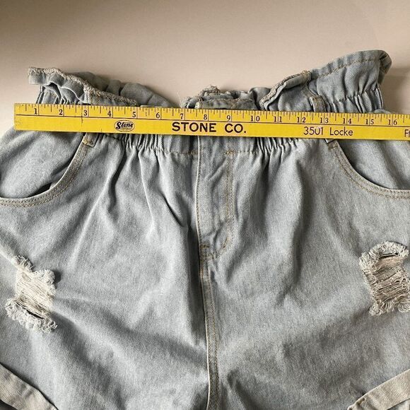 SHEIN Women's Distressed Rolled Bottom Hem Light Denim Paperbag Shorts Size 2XL - Picture 4 of 9